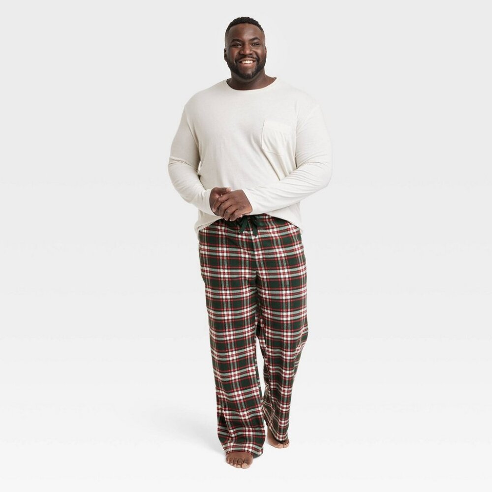NEW! Men's 2pc Big & Tall Plaid Microfleece Pajama PJ Set, Cream - Goodfellow